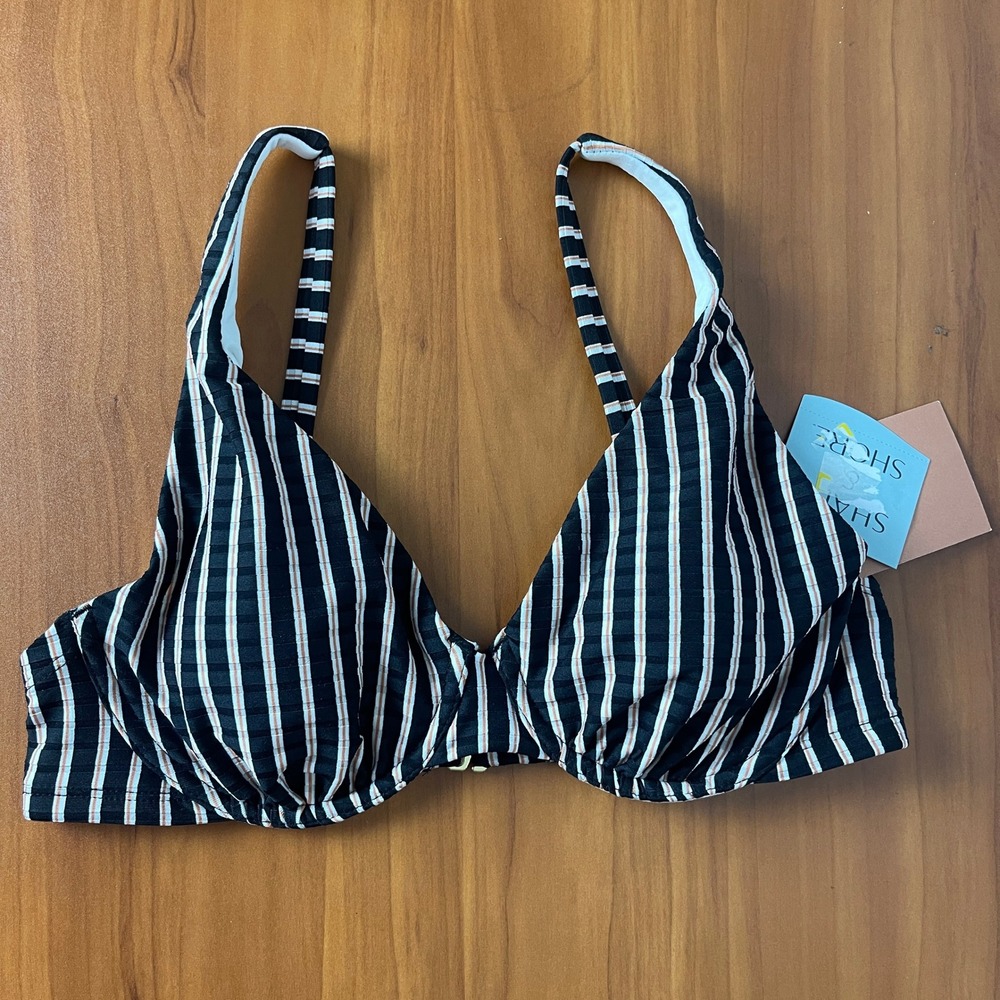 Shade &‎ Shore Sunny Underwire Bikini Top Black White Striped Removable Pads 34D